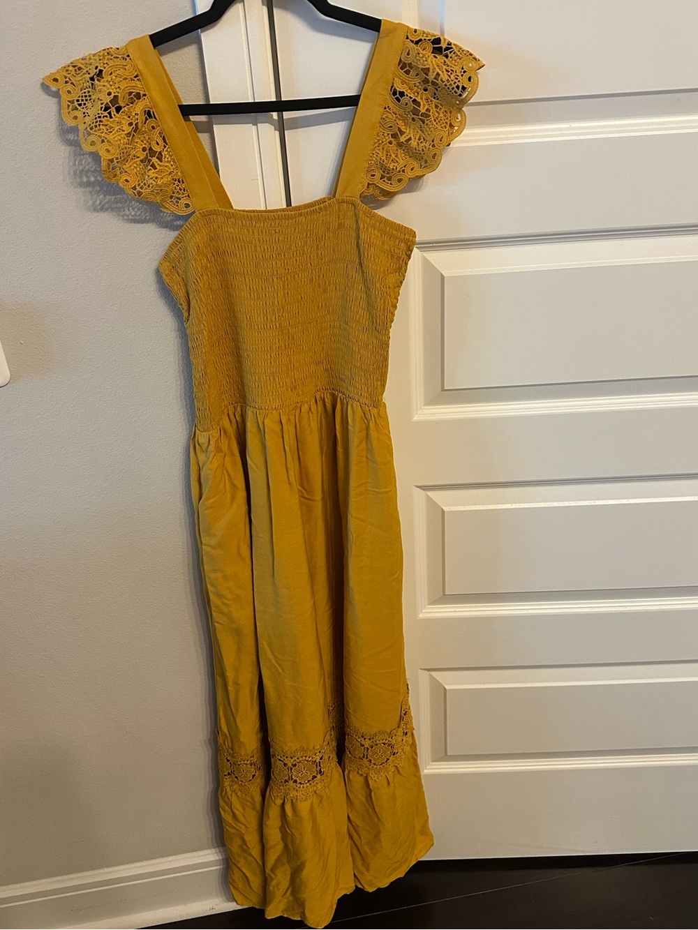 Mustard Yellow Lace-Trim Maxi Dress Women